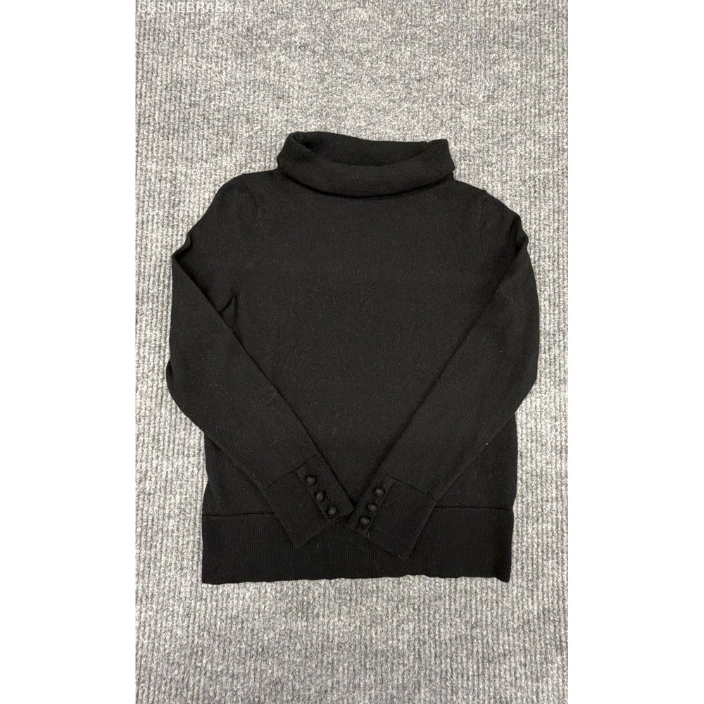 Talbots Women's Black Mock Neck Pure Merino Wool Sweater‎ Button Cuffs Sz M